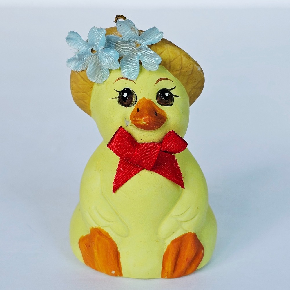Vintage Yellow Duck Bell Straw Hat Flower Figurine Decor Kitsch Shabby Chic